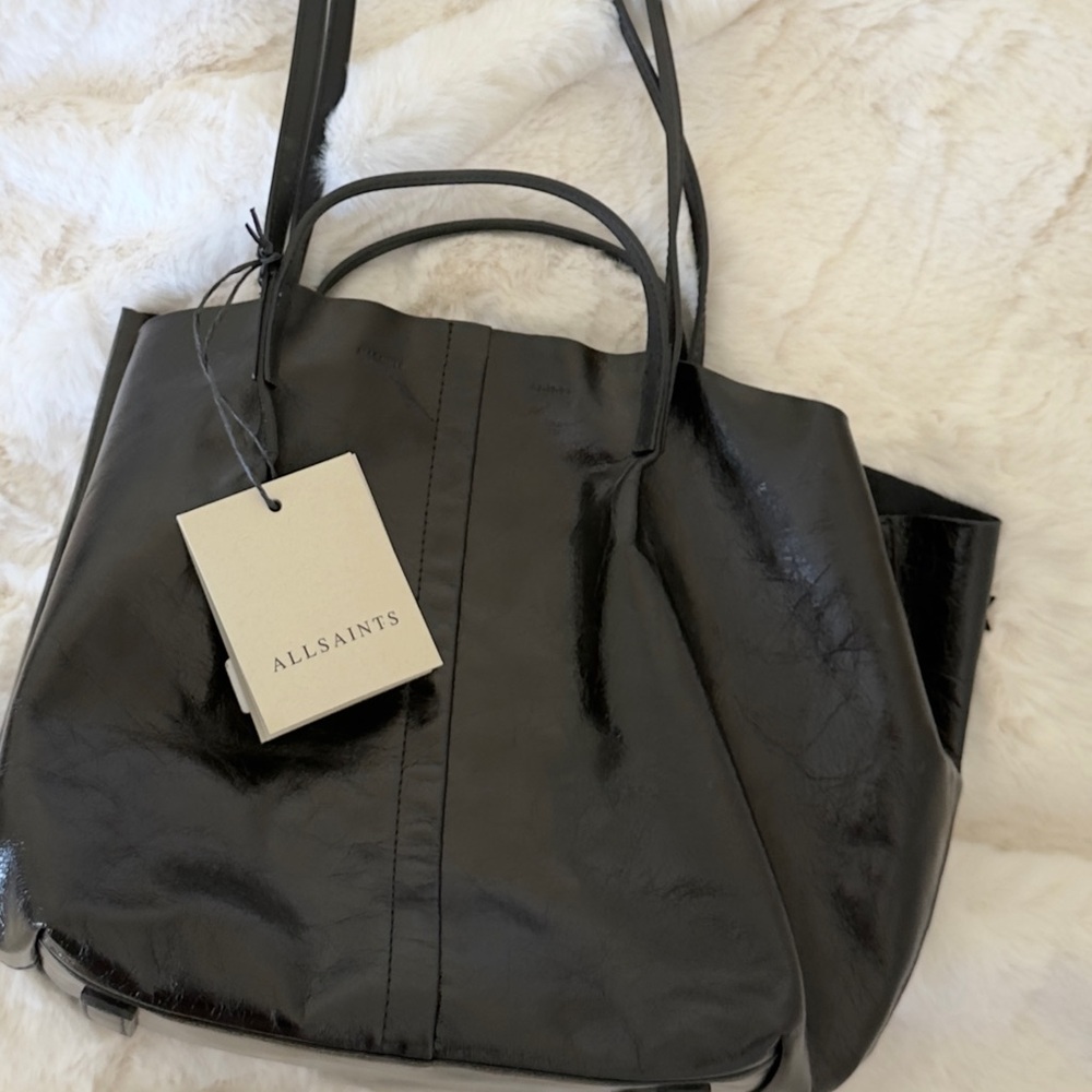 All Saints Black Patent Hobo Bag